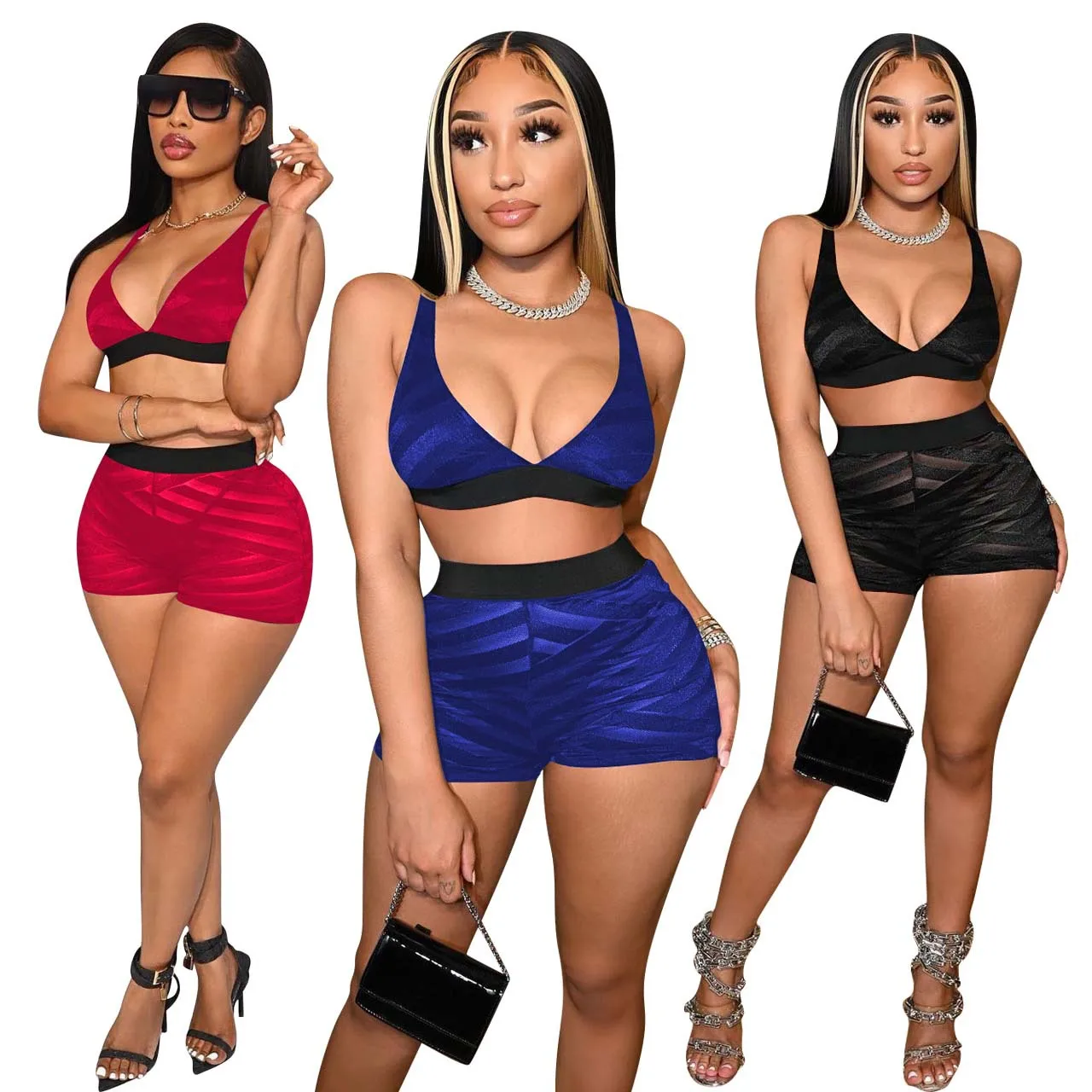 

Sexy Two Piece Outfits Set New 2022 Tank Top High Waist Lace Sexy Short Set for Woman Solid Women Summer Set, Black, blue,yellow