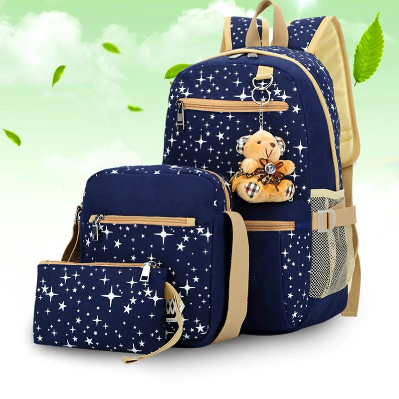 

Promotional Korean Design Canvas 3pcs School Backpack Fashion Kids Bags Children School Backpack