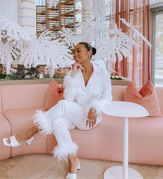 

INS hot popular Women's solid color suit Lapel coat trousers two-piece feather Pajama suit