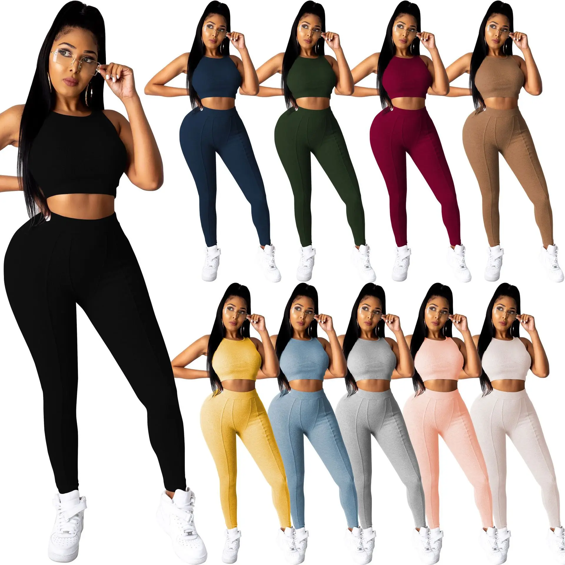 

2021 Summer Sleeveless Crop Top Jogging Suit Track Two Piece Pants Set Solid Jogging Two Piece Set