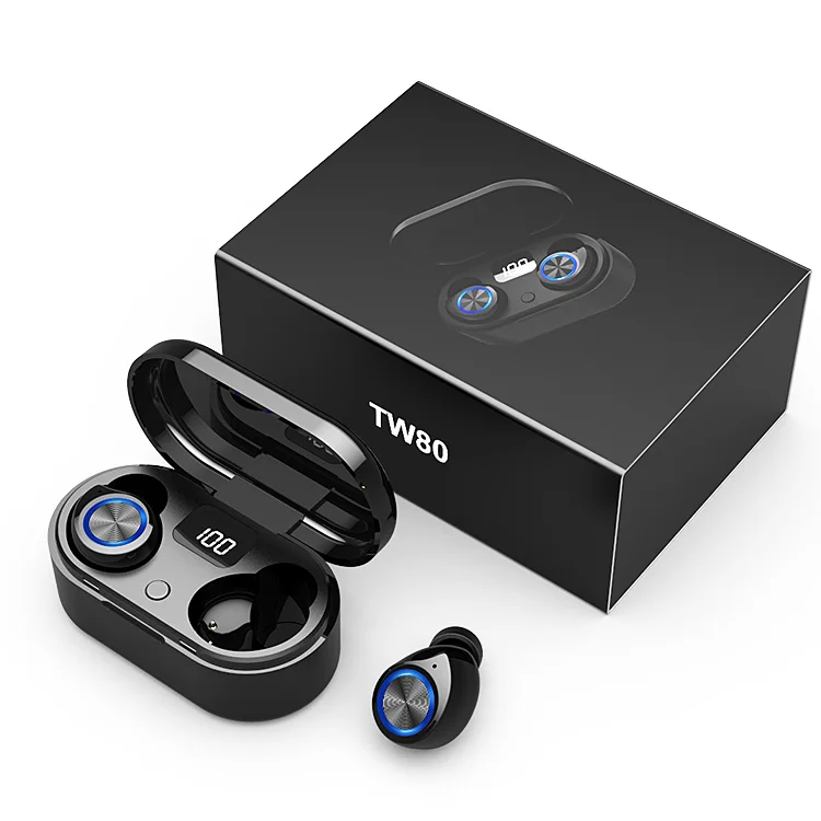 

Hot selling Type C Sport Mini Wireless Bluetooth Earphone TWS in ear earbuds TW80 with charging case