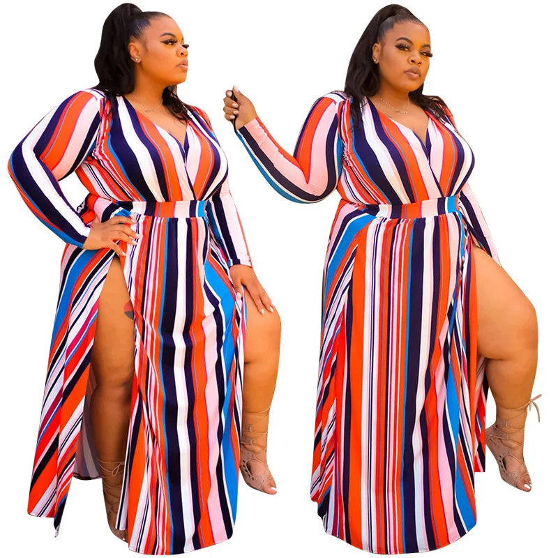 

2021 New arrivals XL-5XL plus size casual long sleeves Stripe slit sexy V-neck long dress with large swing streetwear, 1 colors as picture