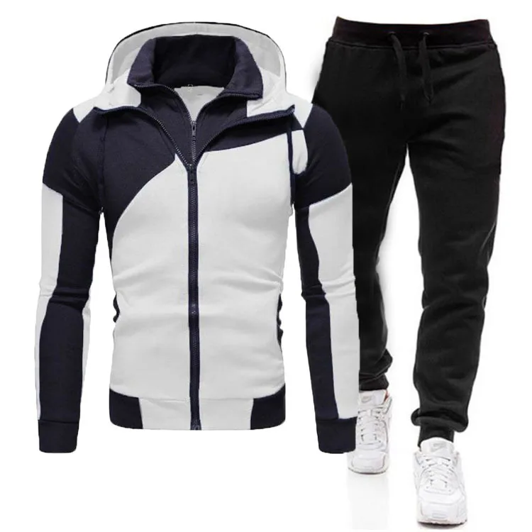 

Men's casual sports suit with double zipper splicing hoodie + trousers fleecy jacket to keep warm, Picture