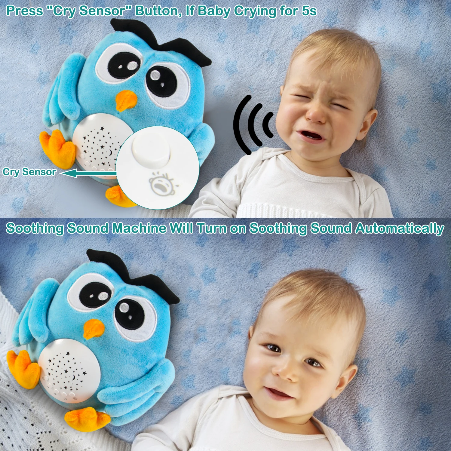 Baby Sleep Aid Stuffed Owl Plush Toy Soothing White Noise Sound LED Star Projector