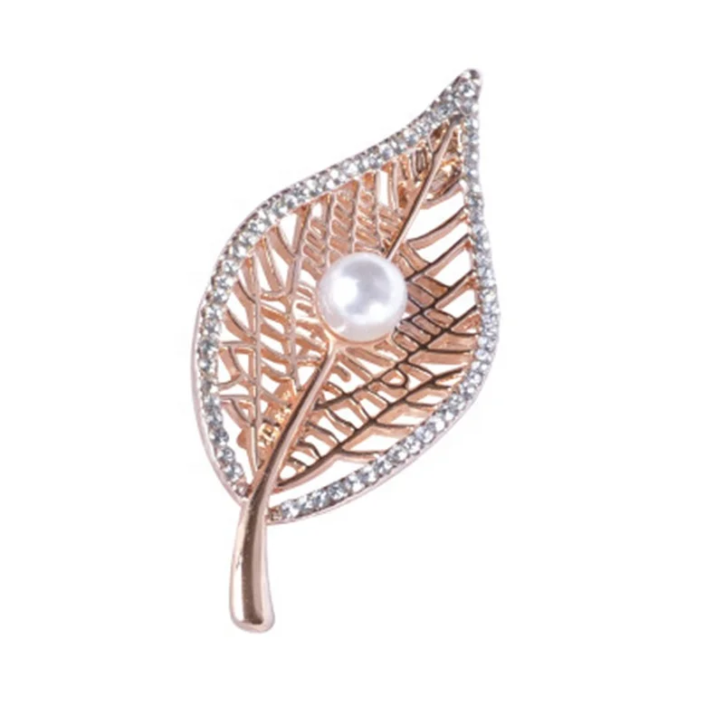 

Hollow Simple Leaf Brooch Exquisite Pearl Fashion Brooch Creative Personality Rhinestone Brooch, Gold