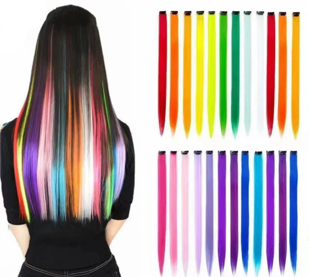 20inch Straight Colored Clip-in High Temperature Synthetic Extensions Lightweight Invisible Design for Rainbow Party Highlights