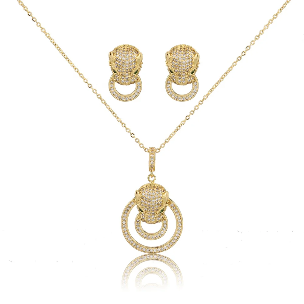 

bridal brand luxe zarconia plated 18k gold jewerly women sets gold plated beautiful jewerly panther necklace and earrings set