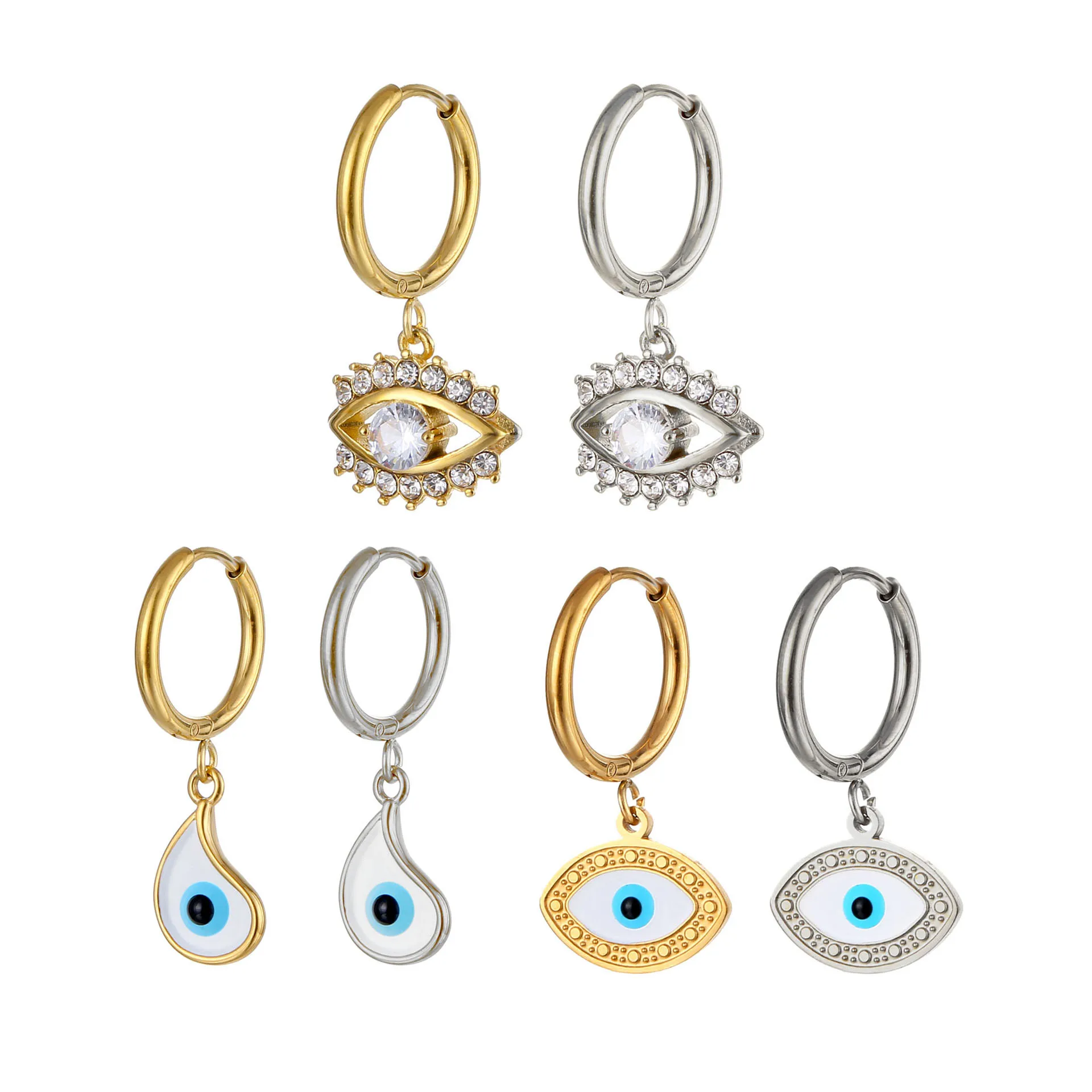 

Dainty Crystals Blue Evil Eye Earrings 18K Gold Plated Stainless Steel Dangle Huggie Hoop Earrings With Eye Charm Jewelry Women