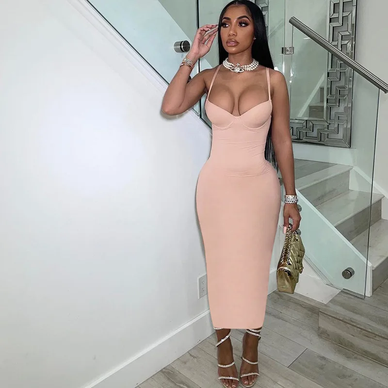 

Wholesale 2022 summer women fashion bodycon dress pink spaghetti strap casual dresses