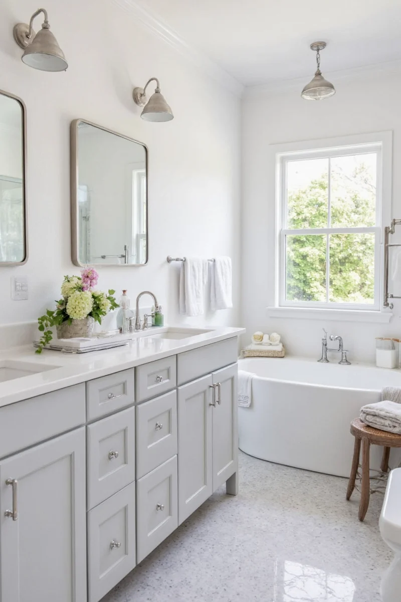 Bathroom with open floating shelves displaying toiletries and baskets