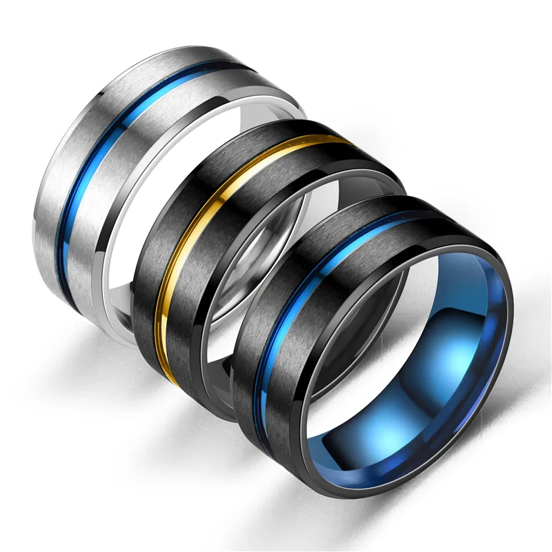 

Euro-American Style Classic 8mm Two-Color Brushed Stainless Steel Ring Fine Jewelry with Recessed Titanium Steel