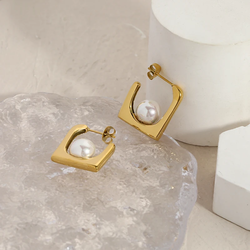 

New Punk Style Earring Jewelry 18K Gold Plated Stainless Steel Square Spoon Design White Pearl Earrings