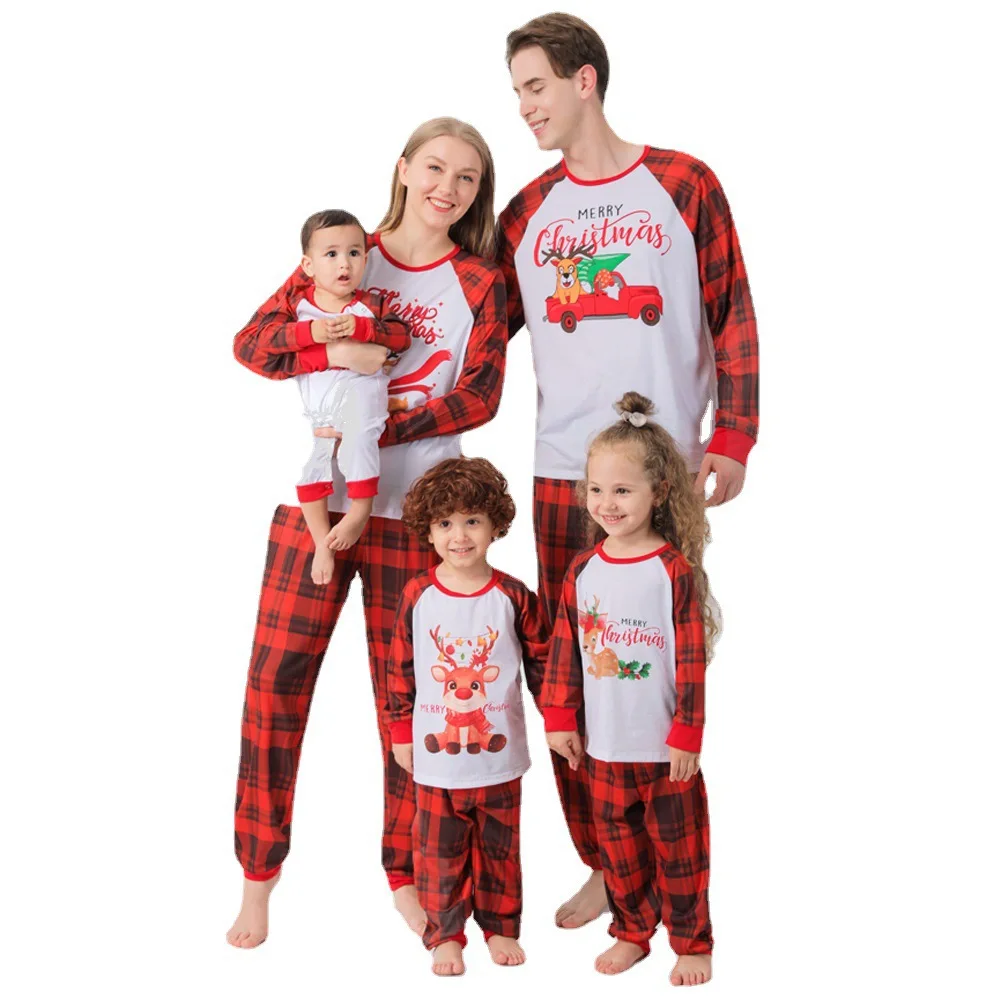 

Casual Christmas Pajamas Patchwork O Neck Family Mom and Me Sleepwear Sets Pullover Grid Children's Pyjamas Long Sleeve T Shirts, Red