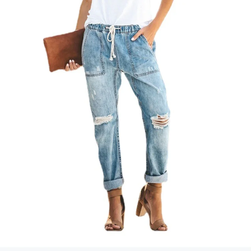 

Wholesale Price Ladies Three Color Hole Casual Jeans Knitted Beggars' Trousers