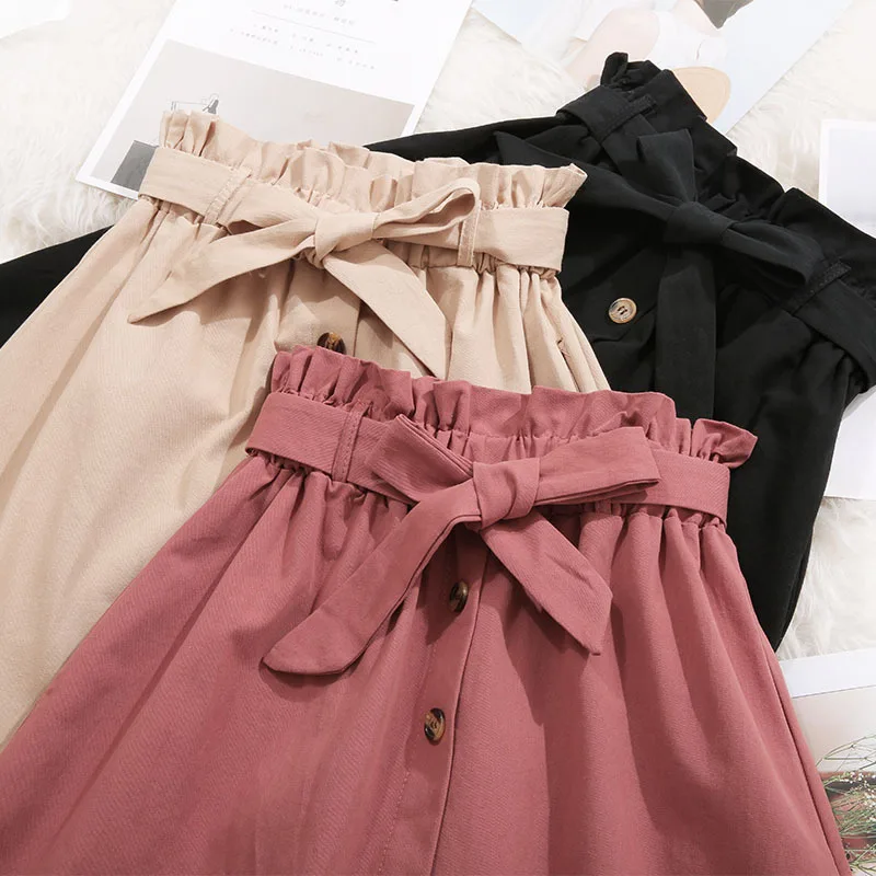 

Elegant Womens Midi Knee Length Skirt High Waist Pleated Fashion Skirt Button Skirt
