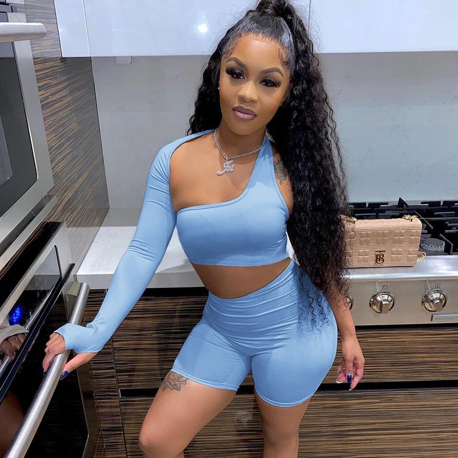 

2022 Spring And Summer New Women'S Fashion one shoulder Hollow Solid Color Suit Tow Piece Pants Suit