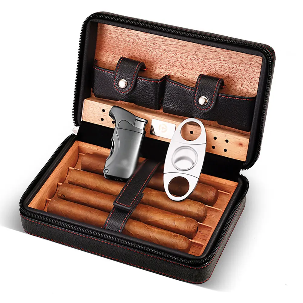 

Luxury Leather Cigar Case Bag Cedar Wood Humidor Cigar Tool Set Portable Outdoor Travel Humidor with Windproof Lighter