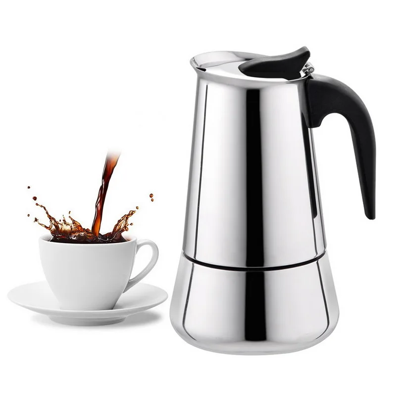 

Moka Express 2/4/6/9 Cup Stainless Steel Coffee Maker with Safety Valve, Silver color