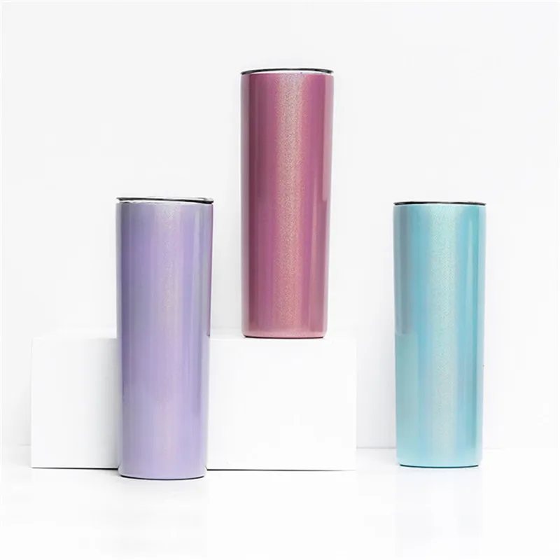 

New Style Double Wall Stainless Steel 20oz Glitter Shimmer Sublimation Blanks Skinny Tumbler with Lid and Straw