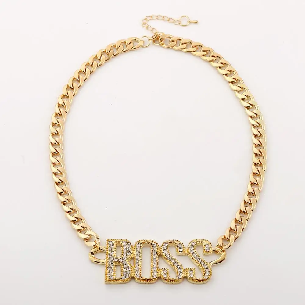 

Fashion Retro Rock Punk Hip Hop Jewelry Bold Chain Boss Rhinestone Letters Statement Necklace, Gold, silver