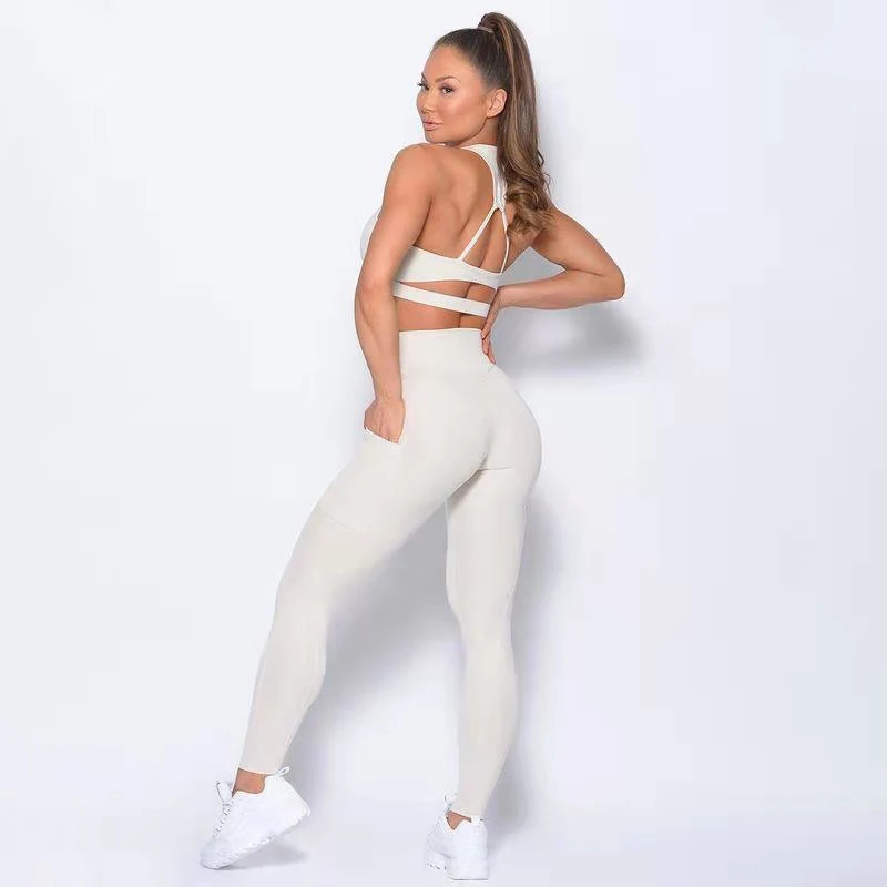 

2021Custom Logo Two Piece Sportswear Workout Sets Sport Bra And Pants Gym Yoga Sets Fitness Women Ribbed Yoga Set, Picture shown