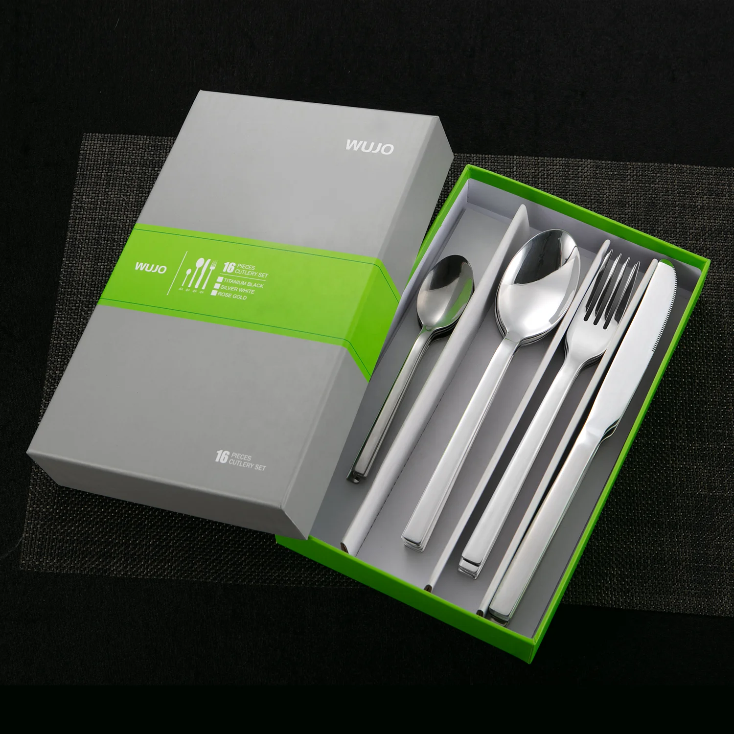 

WUJO 16 pcs silverware tableware flatware stainless steel cutlery set with box, Gold,rose gold,silver,black