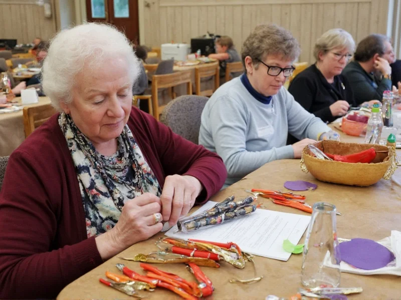 Senior crafting with repurposed household materials