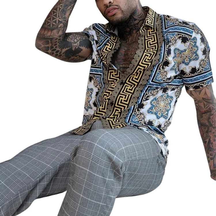 

Custom designer polyester summer fashion mens casual printed button up short sleeve African shirts for men