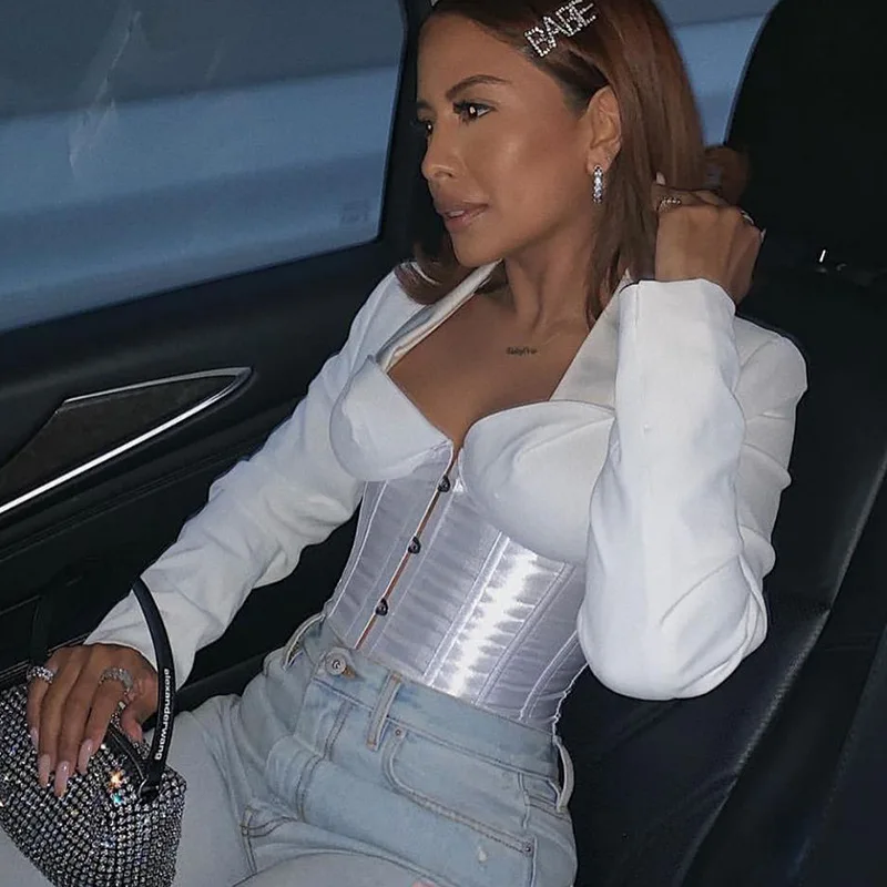 

Sexy v neck Women's Bustier Corset Top Sexy Lingerie Waist Cincher T Shirt Long Sleeve Solid Color Club Party Clothing Outfits, Black,white