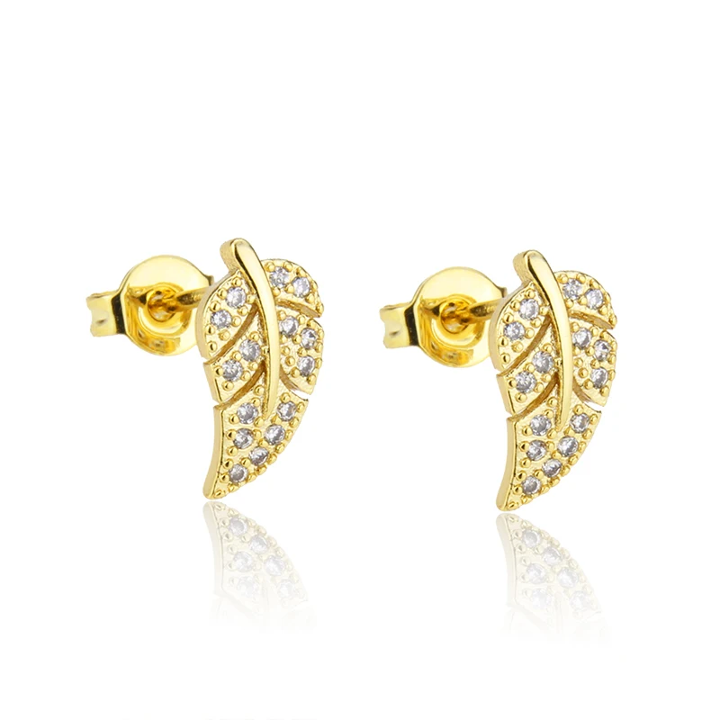 

Fashion Jewelry 18k Real Gold Plated Brass with Full Zirconium High Quality Leaf Stud Earrings Exquisite Woman Jewelry
