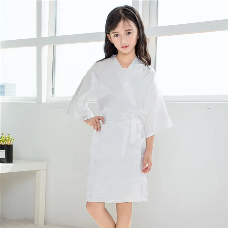 

Children's Solid Color Nightgown Satin Bathrobe Silk Wedding Flower Girls Kimono Robes, As picture shows