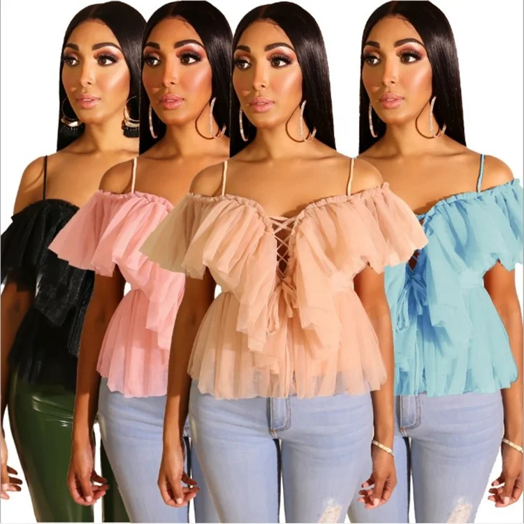 

Wholesale Strap Ruffle Mesh Blouse Shirt Sexy Off Shoulder Backless Tops For Women