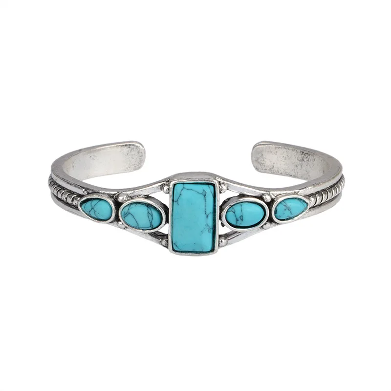 

Bohemian Retro Turquoise Carved Hollow Geometry Bracelet Adjustable Opening Bangle, As the pictures