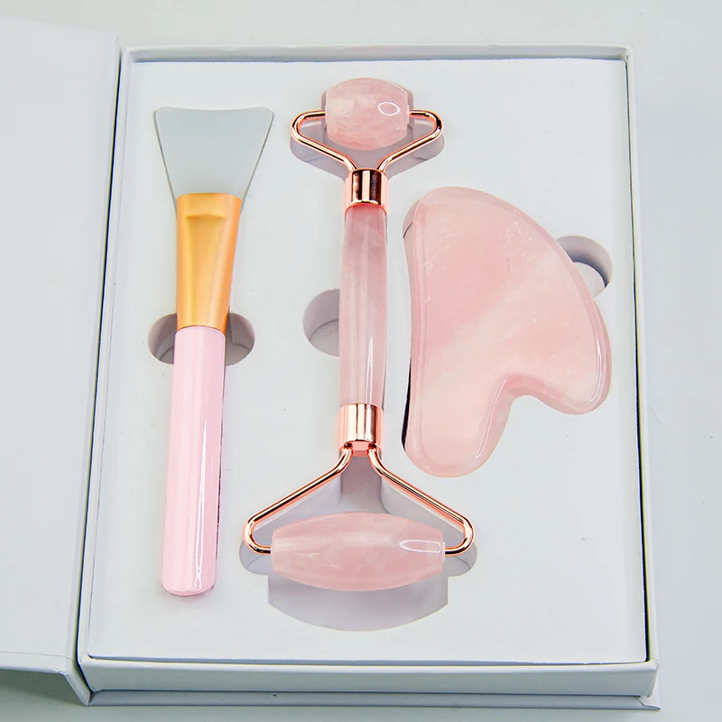 

hot sale custom face lifting skin care tool pink rose quartz jade roller gua sha set
