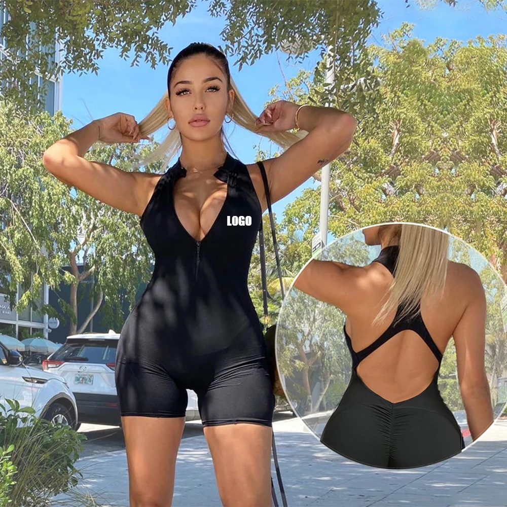 

One Piece Yoga Gym Workout Sport Short Zip Up Backless Sexy Solid Playsuits Body Suit Jumpsuit Spandex 2023