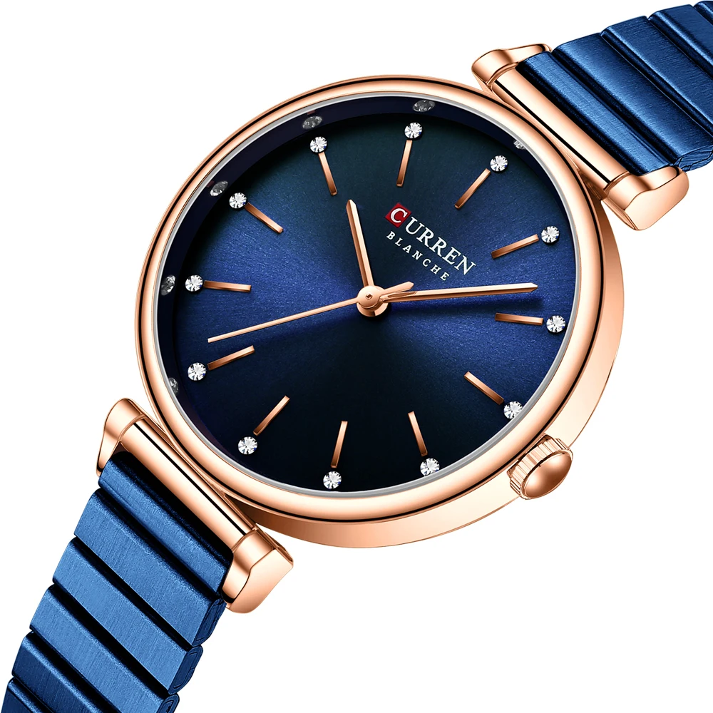 

CURREN 9081 Women's Watches New TOP Brand Luxury Quartz Wristwatch with Stainless Steel Band Rhinestones Dial Blue Clock Female