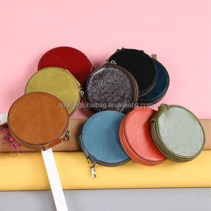 

Vintage wholesale round cute kids zipper genuine leather organizer small coin purse wallet, Yellow,red,blue,black,brown, green, coffee