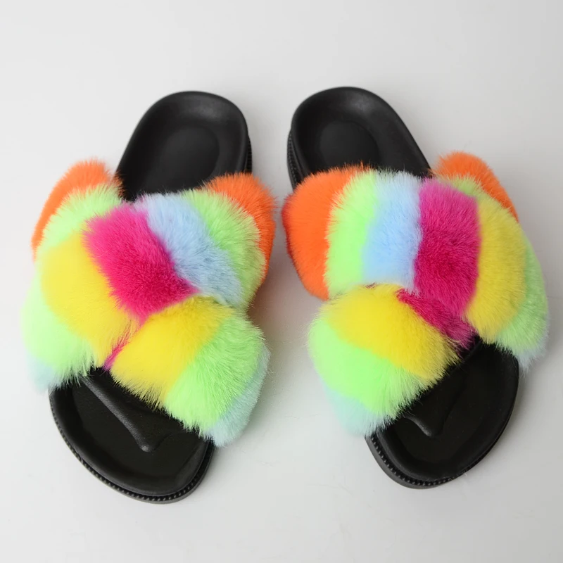 

Jtfur Cute Fashion Flip Flops Soft Fluffy Colorful Sliders PVC Furry Fur Double Cross Strap Slippers, Customized color