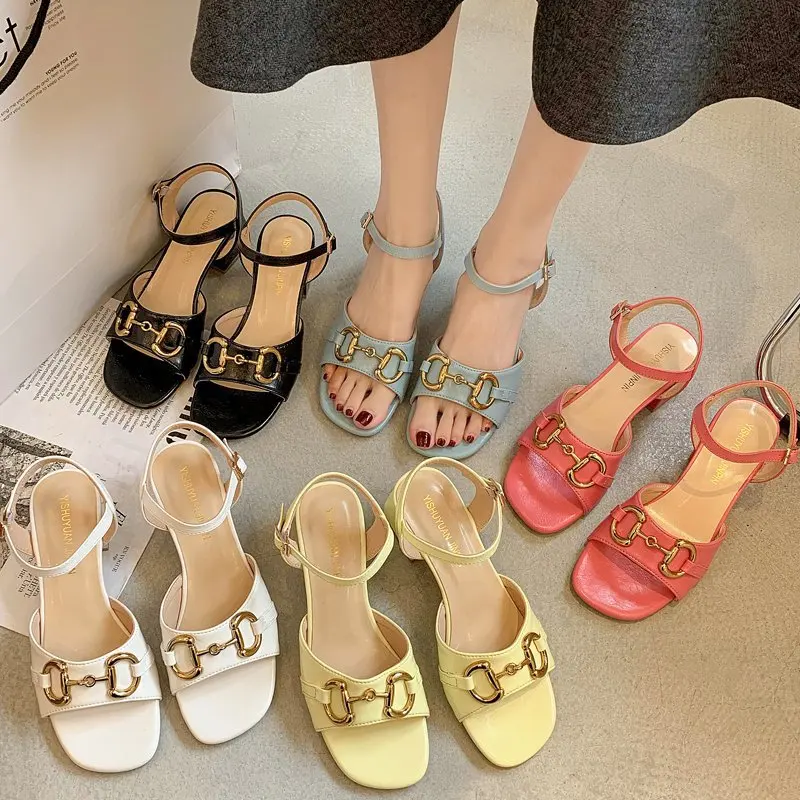 

French Style High Heels Women 2021 New Metal Buckle 6cm Sandals Summer Fish Mouth Roman Shoes, Picture