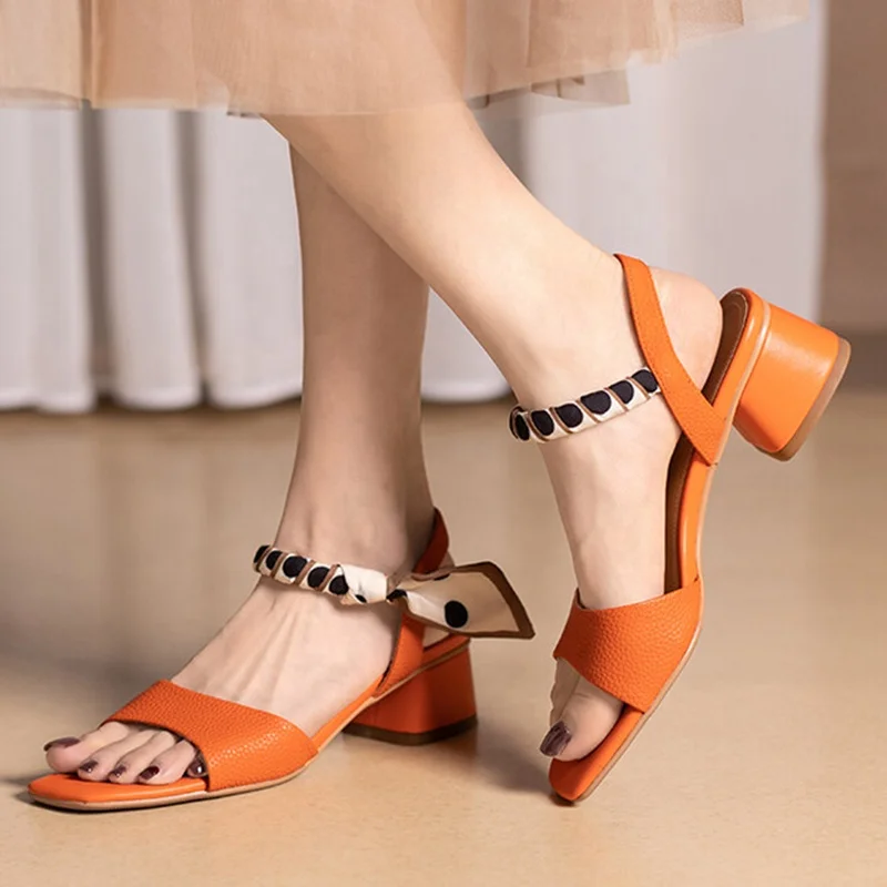 

Fashion Leisure Holiday Sandals Shoes Print Riband Ankle Strap Square Heel Shoes Customized Big Size 48 2022 Summer