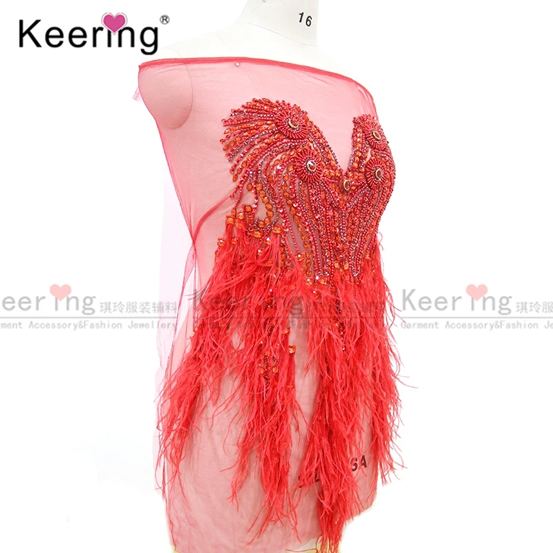 

Factory price WDP-309 Red color ostrich feather 3D lace beaded rhinestone applique patch