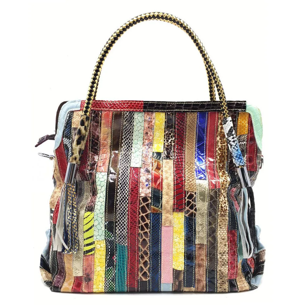 

2021 Genuine Leather Snake Pattern Single Shoulder Bag Colorful Stripe Crossbody Bag Cowhide Leather Tassel Handbag for Women, As pictures