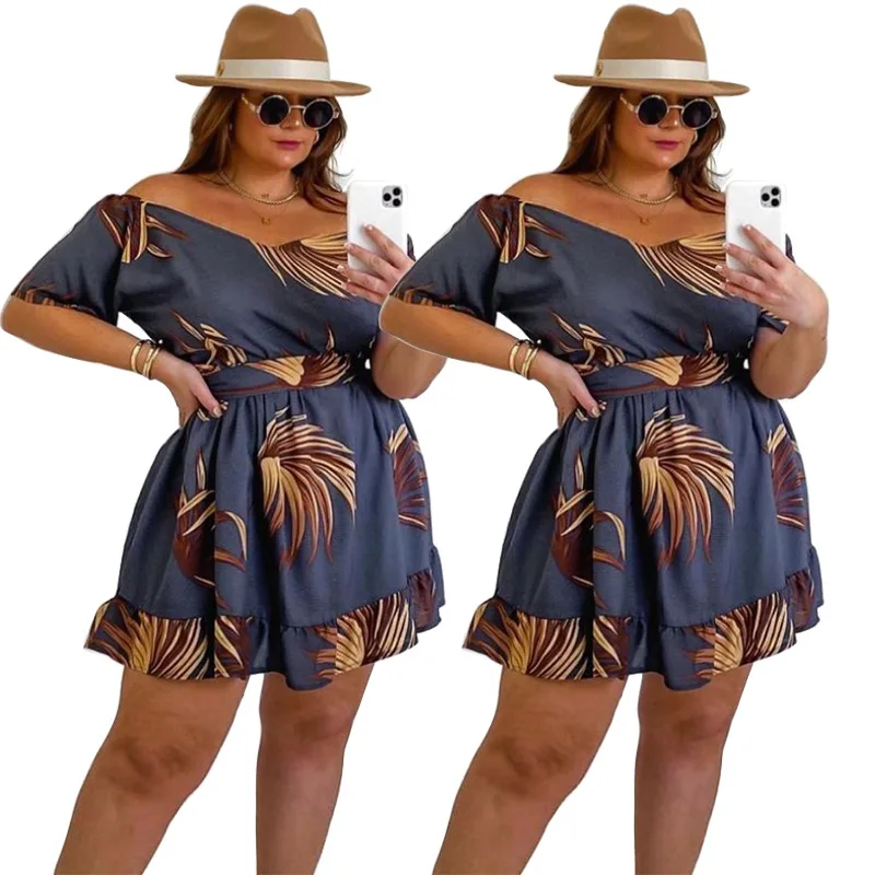 

F40277A Lastest style plus size printed spring/summer casual dress with strappy skirt for woman