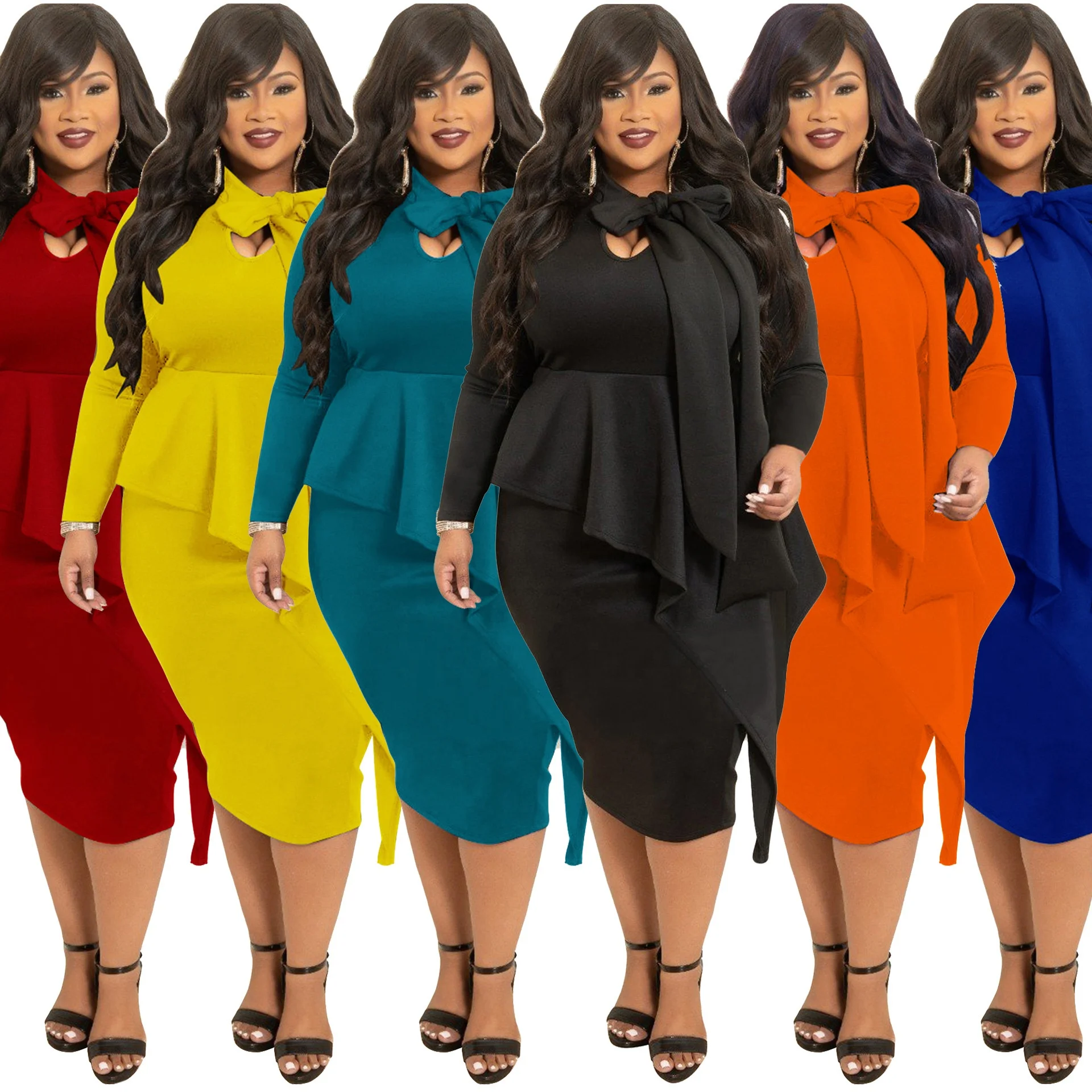 

Fashion Bow-knot Long-sleeved Dress Irregular Lace Wrap Hip Skirt For Fat Ladies, Shown