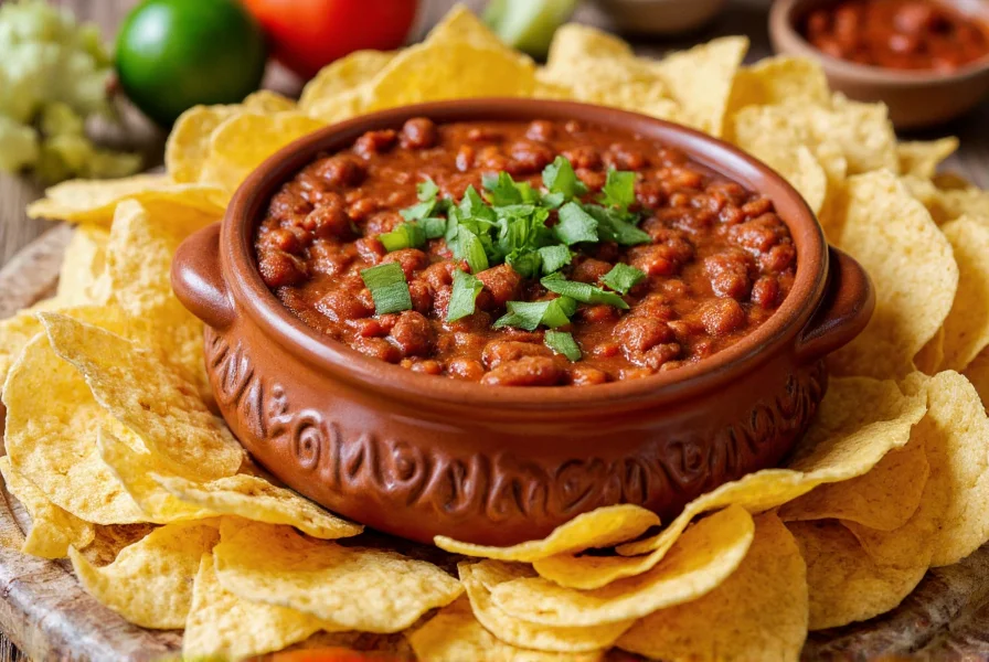 Homemade chili dip in ceramic bowl surrounded by tortilla chips and fresh garnishes