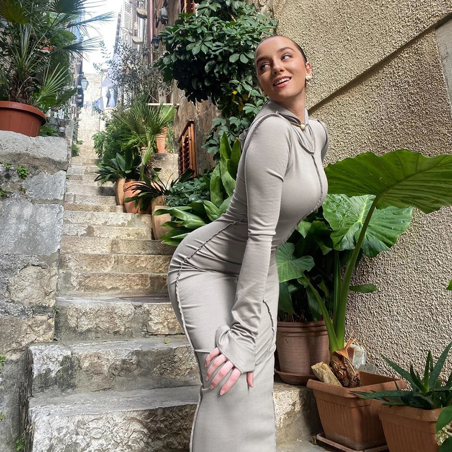 

Kliou K20D10222 2021 New Arrivals Autumn Patchwork Hooded Bodycon Maxi Dress Long Sleeve Casual Dresses