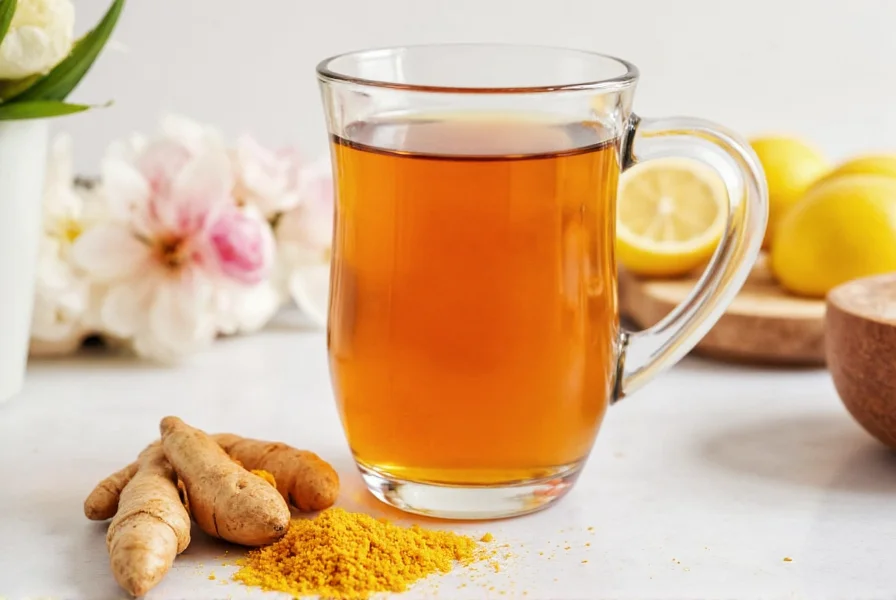 Ginger and turmeric tea in a mug with lemon slice