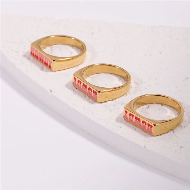 

Joolim Cute 18K PVD Gold Plated Red Enamel HOWDY Tarnish Free Waterproof Stainless Steel Ring Women Trendy Fashion Jewelry