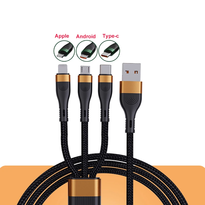 

High quality 3 in 1 usb cable in super fast charger cable 6a 66W data line power for Mobile phone, Orange red/black gold/dark green