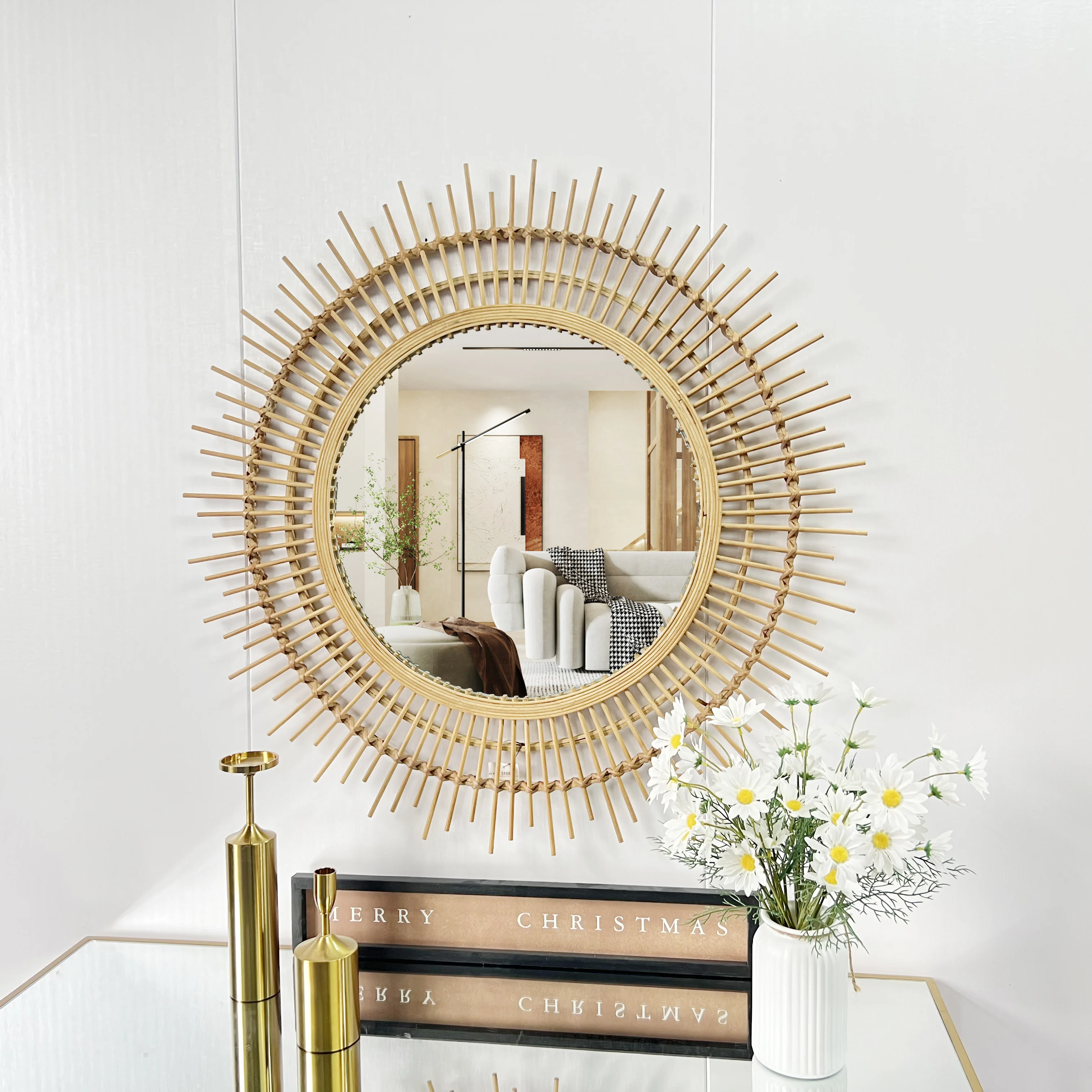 87cm  Nordic Retro Homestay-Style Hand-Woven Rattan Mirror Wall Decoration Stereo Hanging Mirror